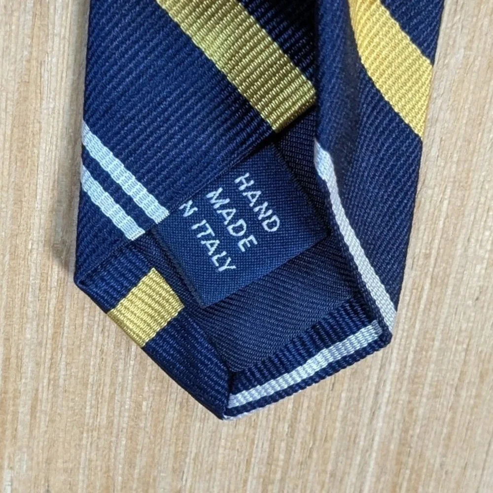 Polo Ralph Lauren Mens Silk Tie Navy Blue Yellow Striped Hand Made in Italy